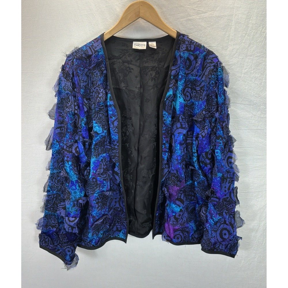 VTG Chicos blue/ purple 100% Silk Open Front Jacket 2 LG textured 3D artsy